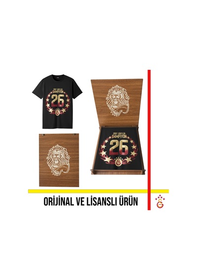 Galatasaray Lisanslı 2026 Şampiyonluğu Siyah T-shirt Aslan Ahşap Kutulu