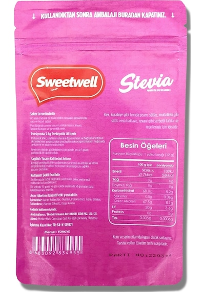 Sweetwell Stevia Prebiyotik Lifli Toz Sofralık Tatlandırıcı 500 G