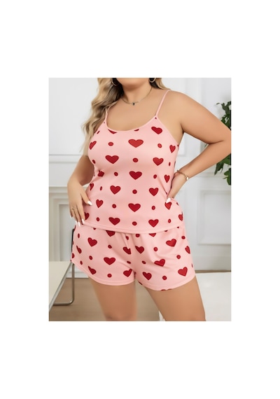 Lily Bianca Nightwear Desenli Askılı Ve Şortlu Büyük Beden Penye Gecelik Turuncu