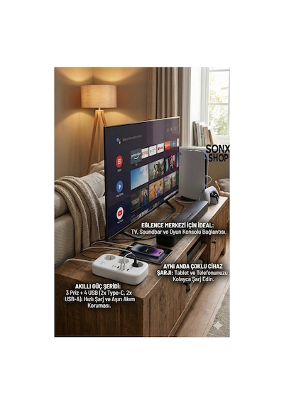 2500w Çoklu Priz 2 Metre 3 Lü Ac Priz +5 Usb Çıkışı Akım Korumalı Alev Almayan Gövde, 0