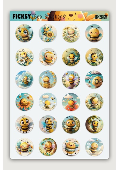 Sevimli Arı Sticker Seti - 24 Adet Yuvarlak Etiket Çıkartma Diğer