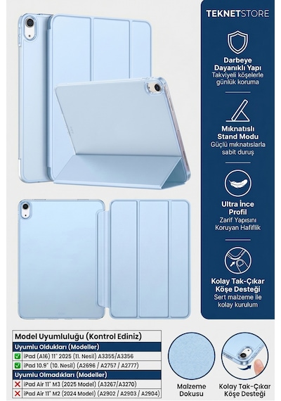 İpad 11. Nesil A16 Ve 10. Nesil 10.9" Uyumlu Kılıf A3355 A2696 Ultra İnce Standlı Kapak Bebek Mavisi Kapaklı Kılıf