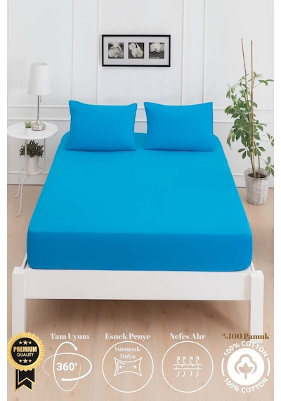 Mirava Premium %100 Pamuk Penye Lastikli Tek Kişilik Çarşaf Takımı 1 Yastık Kılıfı Dahil Turkuaz 100x200cm Turkuaz
