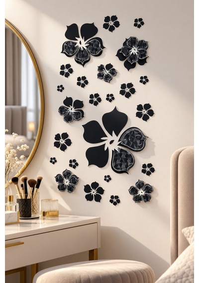 3d Simli Çiçekli Duvar Stickerı 32x50 Cm Siyah Beyaz Modern Salon Yatak Odası Duvar Dekoru Renkli