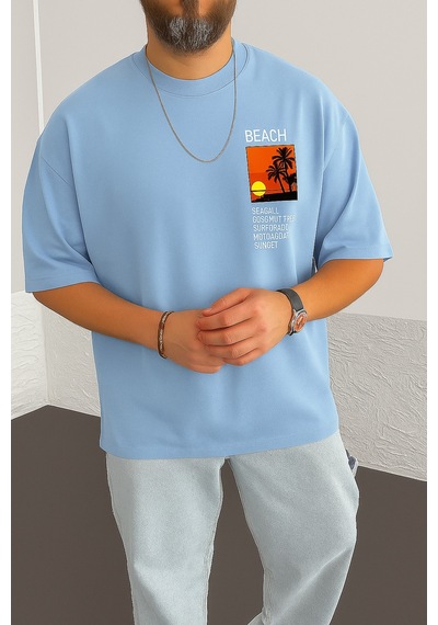 Beach Baskılı Oversize Unisex Tişört Bebe Mavi