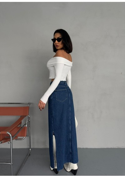 Zeo Basic Yanlardan Yırtmaçlı Jean Maxi Etek Mavi