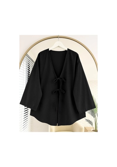 Unika Boutique Önü Bağlamalı Kimono Tunik Cift Renk Oversize Yeni Sezon Rahat Kalıp Önü Baglamalı Siyah