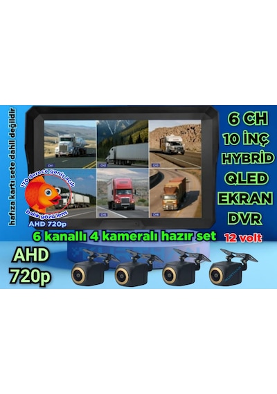4 Adet 4x3 Cm. 170 Derece Balık Gözü Lens Ahd 720p Kamera Qled Ekran 10'' Dvr 12 V 256 Gb