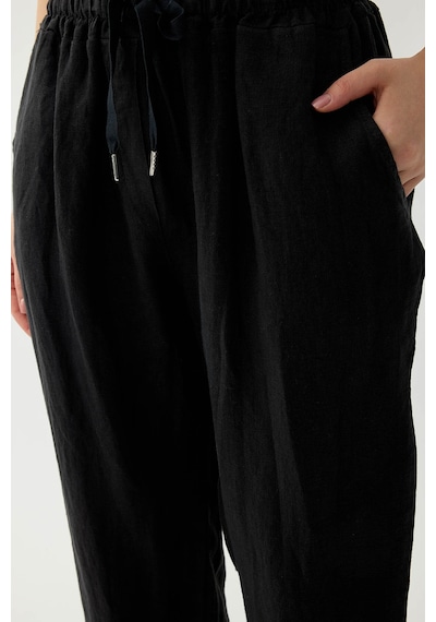 Vitrin %100 Keten Beli Lastikli Cepli Geniş Paça Pantolon Siyah