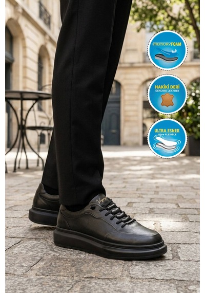 Voyager Siyah Hakiki Deri Erkek Sneaker Memory Taban Premium Casual Ayakkabı M704-1 M