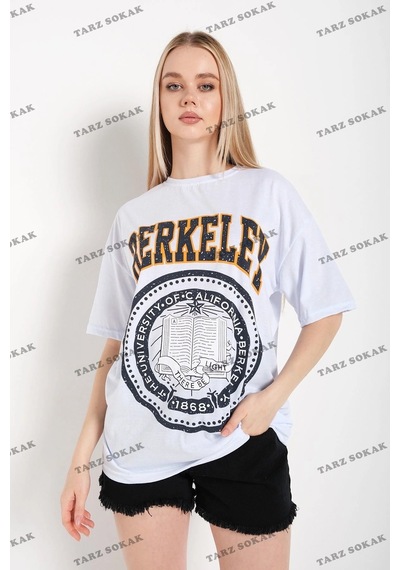 Startmore Kadın Çizgili Figür Kalp Beyaz T-shirt Have A Holiday Siyah