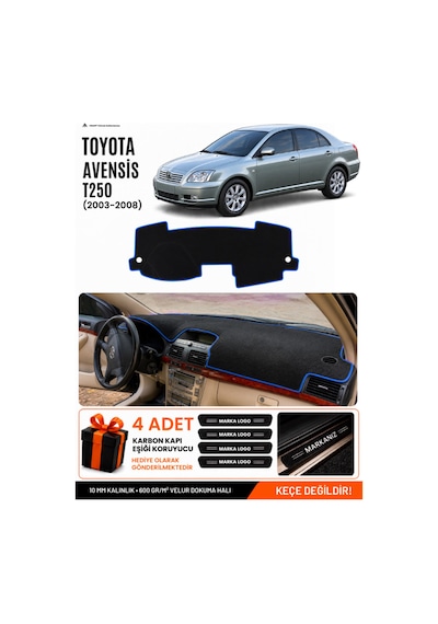 Toyota Avensis Ekranlı T250 2003-2008 Uyumlu Torpido Örtüsü, Torpido Kılıfı - Siyah-mavi - To003