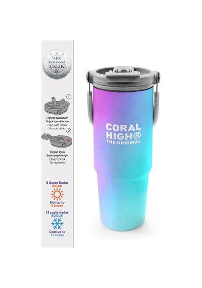 Coral High Çok Renkli Desenli Pipetli Ve Direkt İçim Çelik Termos 900 Ml 38737 Mavi