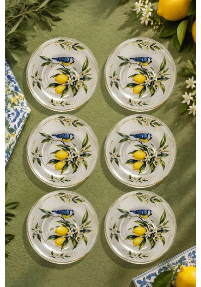 6 Lı Cam Çay Tabağı Limon Ve Kuş Desenli Akdeniz Tasarım 12 Cm 6 Adet Çay Tabak Sarı