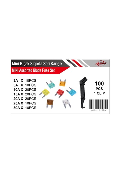 Aem Mini Bıçak Sigorta Seti Karışık Oto Sigorta Seti 100 Parça + Sigorta Çıkarma Klipsi / Tutucu Hed Diğer