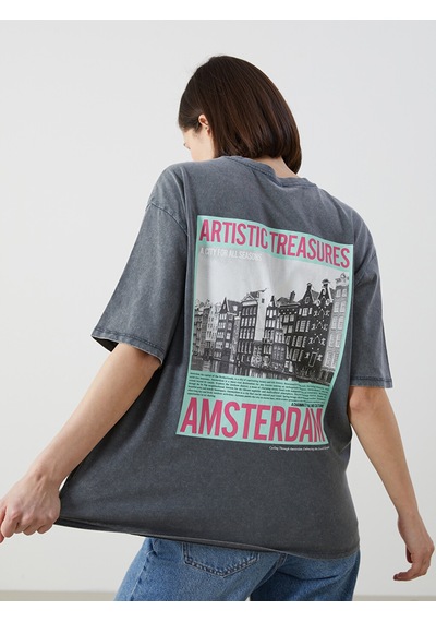 Lcw Vision Antrasit Amsterdam Baskılı Oversize %100 Pamuklu Kadın Tişört