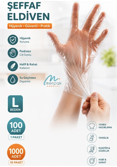 Şeffaf Eldiven Hışır Poşet Eldiven 100'Lü X 10 Paket