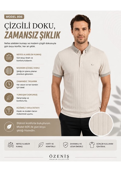 Özeniş Erkek Polo Yaka Slim Fit Çizgili Desen Kaşkorse T-shirt Bej