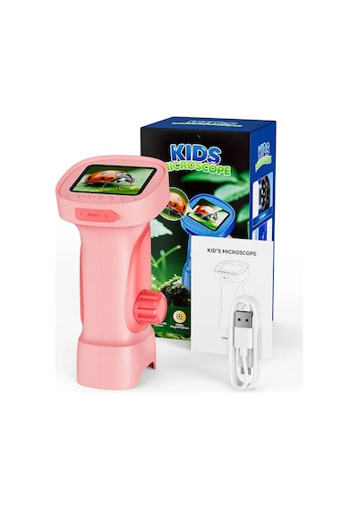 395 Pembe Taşınabilir Dijital Çocuk Mikroskobu - 2.4 İnç Ips Ekranlı, 1080p Full Hd, 1000x Zoom, 8 Led Işıklı Eğitici Bilim Kiti