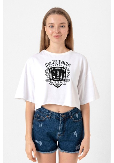 Hocus Pocus University Beyaz Kadın Crop Tshirt Beyaz