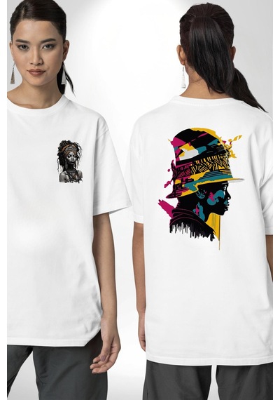 Afrikalı Kadın Sanat Siyahi Beyaz Oversize Unisex Ön Ve Sırt Baskılı Tişört Beyaz