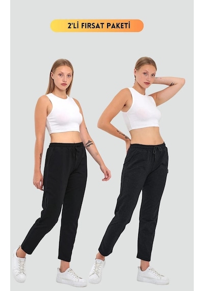 Kadın Siyah-antrasit Regular Fit Düz Paça Beli Lastikli Bağcıklı 2'li Eşofman Altı 001