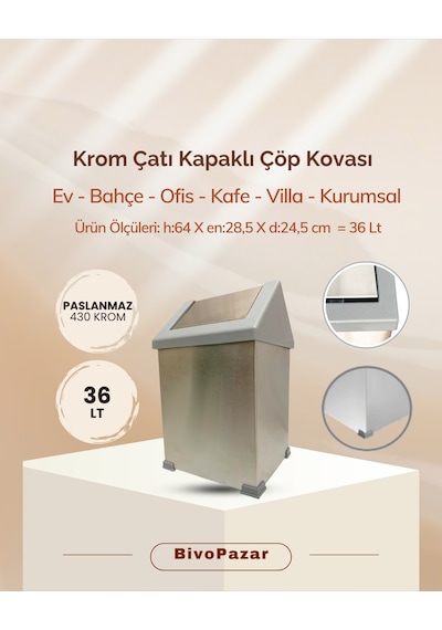 Krom Sallanır Çatı Kapaklı Çöp Kovası 36 Lt Krom