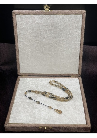 Salih Şirin Halkalı İmame Badem Kesim Füme Bal Sıkma Kehribar Tesbih 6x8 Mm Sarı