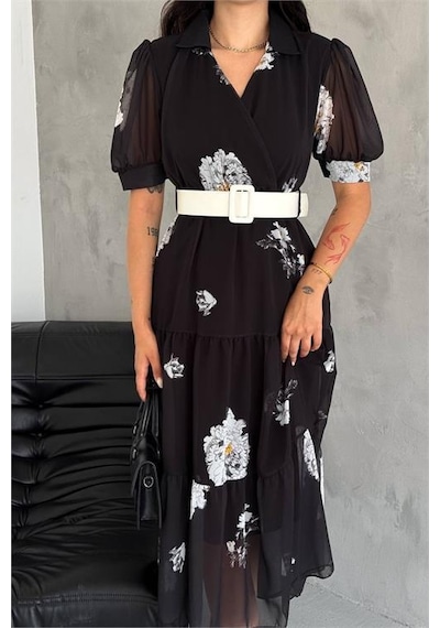 Dip Moda Kadın Kemerli Gömlek Yaka Desenli Şifon Elbise Nbq011 Siyah