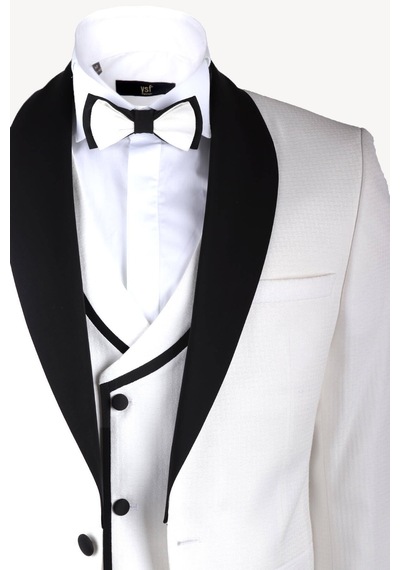 Ysf Erkek Krem Slim Fit Yelekli Çıkma Şal Yaka Damatlık