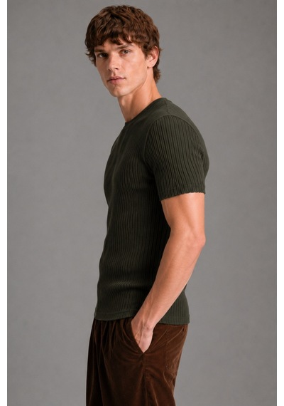 Tarz Cool Erkek Fitilli Likralı Slim Fit Bisiklet Yaka Tişört Haki