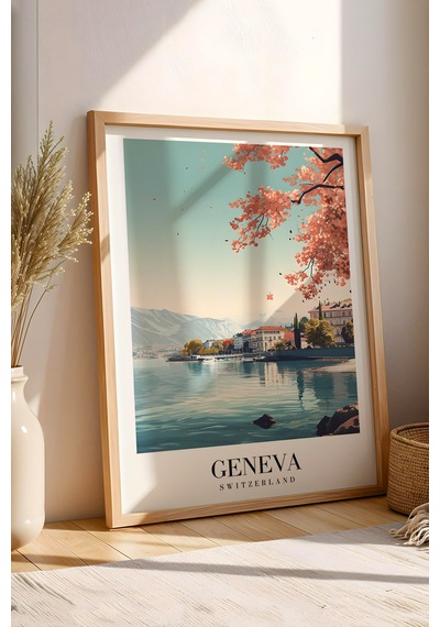 Geneva Switzerland Vintage Seyahat Posteri Çerçeveli Tablo - Premium Leman Gölü Elit Duvar Dekoru Kayın Geneva Switzerland Vintage Seyahat Posteri Çerçeveli Tablo - Premium Leman Gölü Elit Duvar Dekoru Kayın