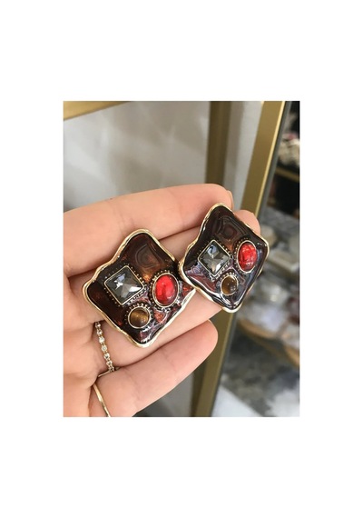 Tasarım Kare Vintage Model Küpe Çok Renkli