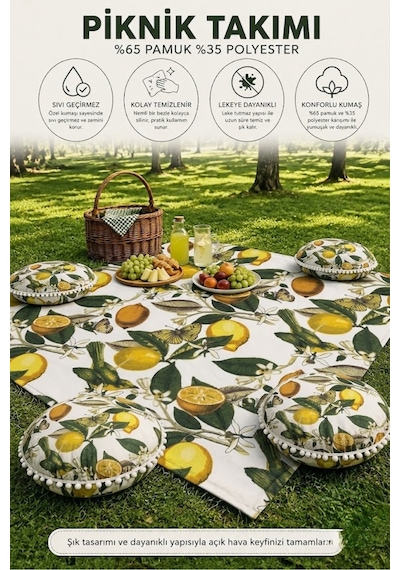Piknik Seti Piknik Örtüsü Limon Desenli 4 Minderli Takım Su Sıvı Geçirmez Leke Tutmaz Çok Renkli