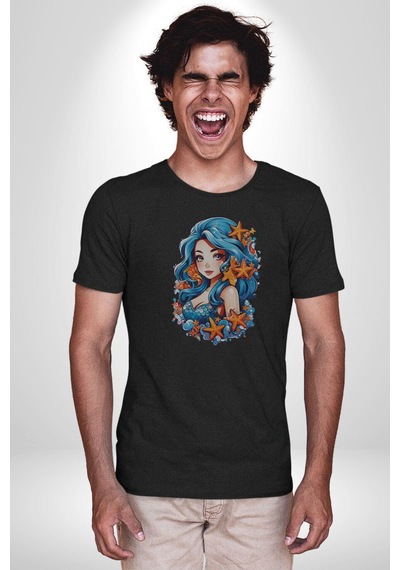 Deniz Kızı Deniz Yıldızı Mavi Saçlı Unisex Unisex Siyah Organik Baskılı T-shirt Penye Yüksek Kalite Siyah