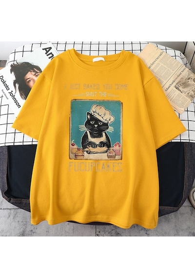 Flood Of Style Kadın Sarı Fucupcakes Baskılı Oversize Bisiklet Yaka Tshirt