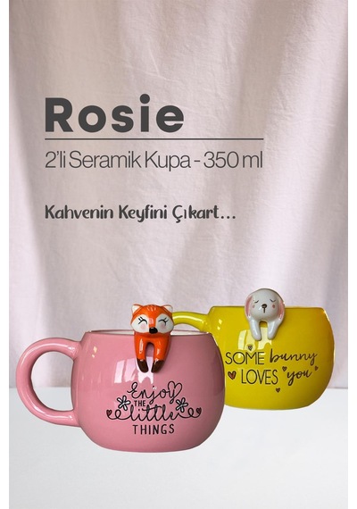 Tilki Ve Tavşan Figürlü Seramik Kupa 350 Ml Beyaz