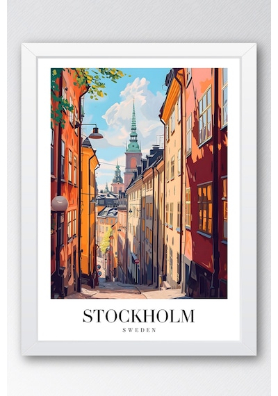 Stockholm Sweden Vintage Seyahat Posteri Çerçeveli Tablo - Premium Gamla Stan Elit Duvar Dekoru Beyaz