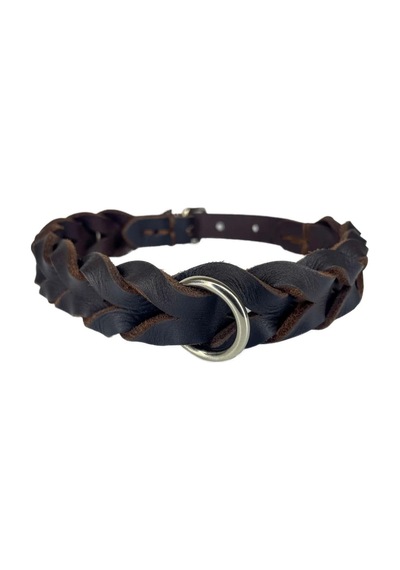 Hakiki Deri Örgü Köpek Tasması Taba, M 30-40cm