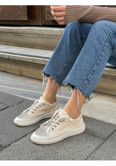 Erva'nın Butiği Bej Keten Jule Taş Bağcıklı Kadın Sneakers-5787