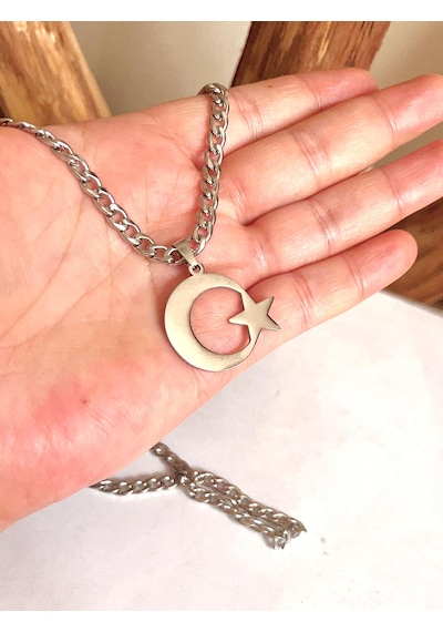 Ay Yıldız Türk Bayrağı Paslanmaz Çelik Kalın Zincirli Kolye 65cm Silver