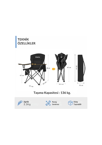 Kingcamp Lotus Xl Cool Ice Ultra Konforlu & Takviyeli Kamp Sandalyesi Black Siyah