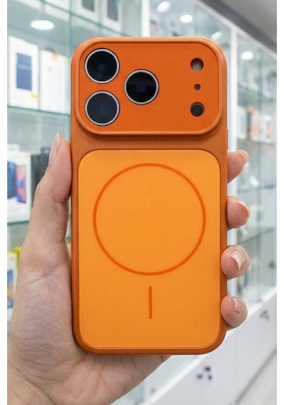 Fibaks iPhone 17 Pro Max Uyumlu Kılıf Magsafe Kamera Lens Korumalı Camlı İnce Turuncu Sert Kapak