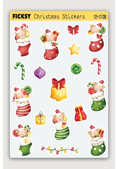 Sevimli Ayıcık Teddy Bear Yılbaşı Yeni Yıl Temalı Sticker Seti - 18 Adet Etiket Çıkartma Diğer
