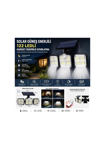 Buffer 3'lü 122 Ledli Güneş Enerjili Hareket Sensörlü Aydınlatma, Dış Mekan Duvar Ve Bahçe Lambası