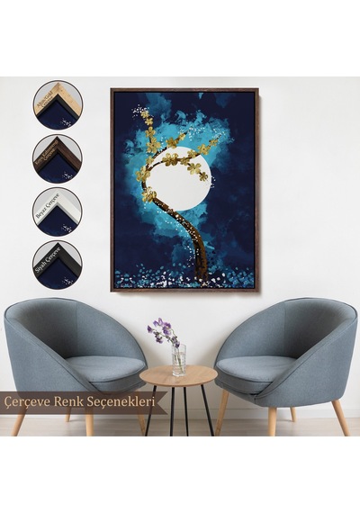 Çerçeveli Altın Çiçekli Ağaç Ve Ve Ay Kanva Tablo, Soyut Çağdaş Sanat Örneği-4971