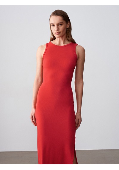 Dilvin 91652 Fitilli Midi Elbise-kırmızı