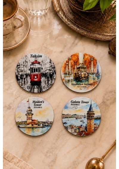 İstanbul Temalı 4 Lü Bardak Altlığı Seti 9 Cm Yuvarlak Mdf Dijital Baskı Çok Renkli