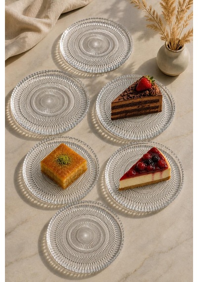 6'lı Cam Pasta Ve Tatlı Servis Tabağı Seti 16 Cm Desenli Şeffaf Sunum Tabağı