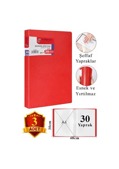 Kırmızı Sunum Dosyası 30 Lu 3 Adet Poşet Dosyalı Katalog Dosyası 30 Poşetli Kendinden Dosya Plastik Kapaklı Diğer
